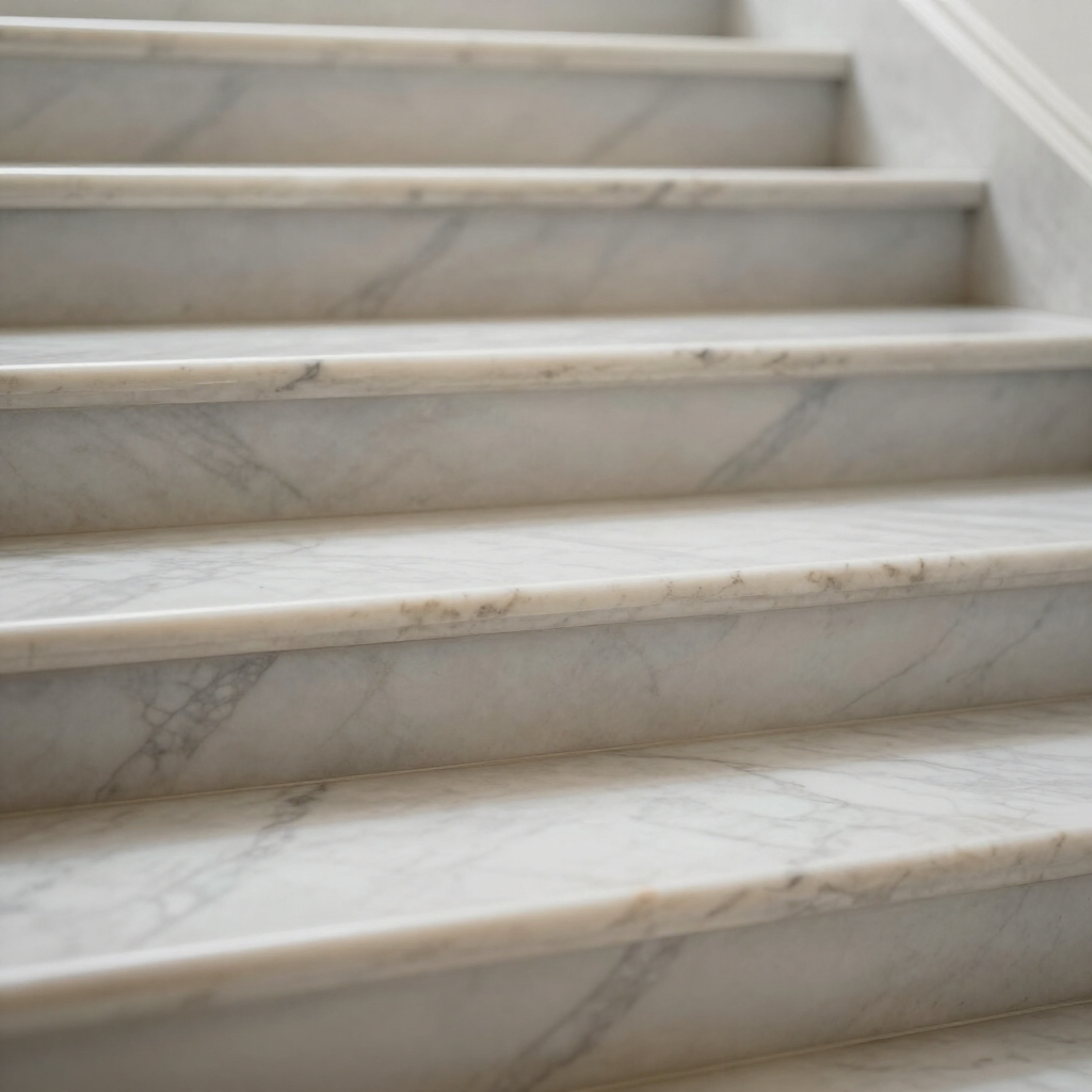 Escalera de mármol blanco con escalones poco profundos y vetas gris claro que conduce hacia arriba.