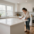 Mujer limpiando una isla de cocina blanca brillante en una cocina moderna.