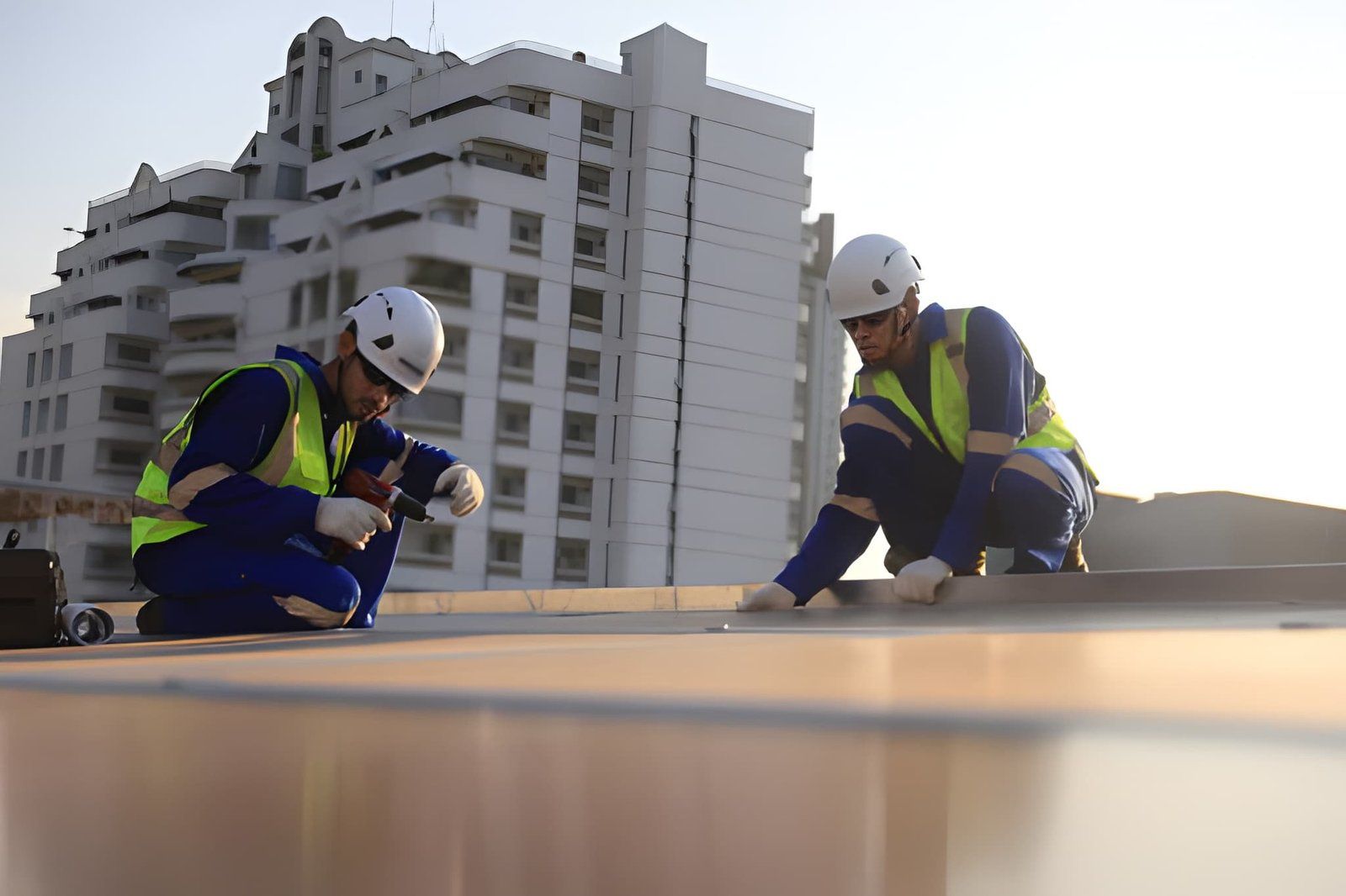 Two workers in safety gear inspect a rooftop or solar panel on a building site.