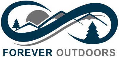 Logo with mountains, trees, and a sun inside an infinity symbol, with the words "FOREVER OUTDOORS".