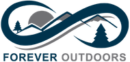 Logo with mountains, trees, and a sun inside an infinity symbol, with the words "FOREVER OUTDOORS".