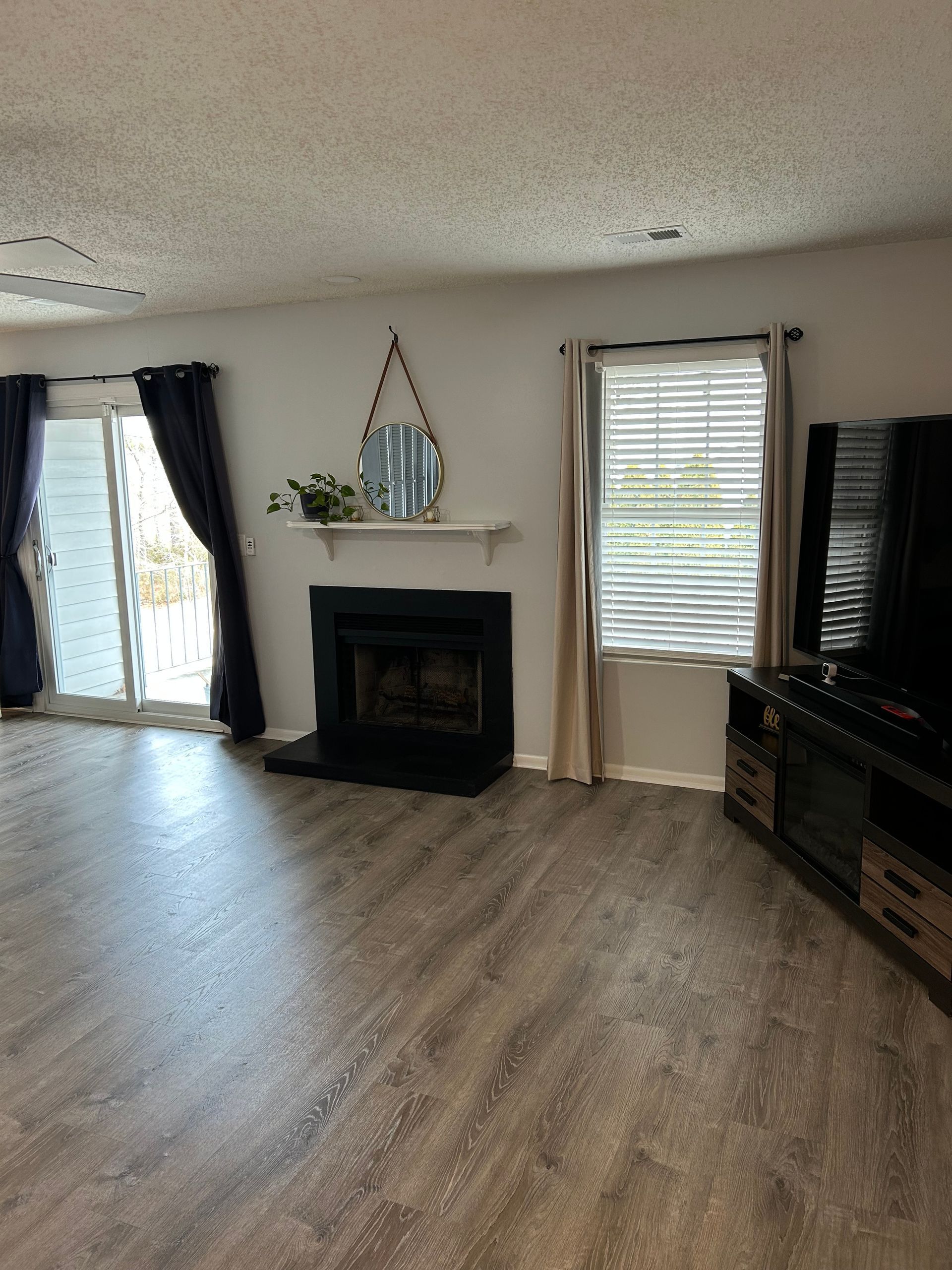 Living room with fireplace, sliding glass door, and window with blinds. Dark wood-look flooring.