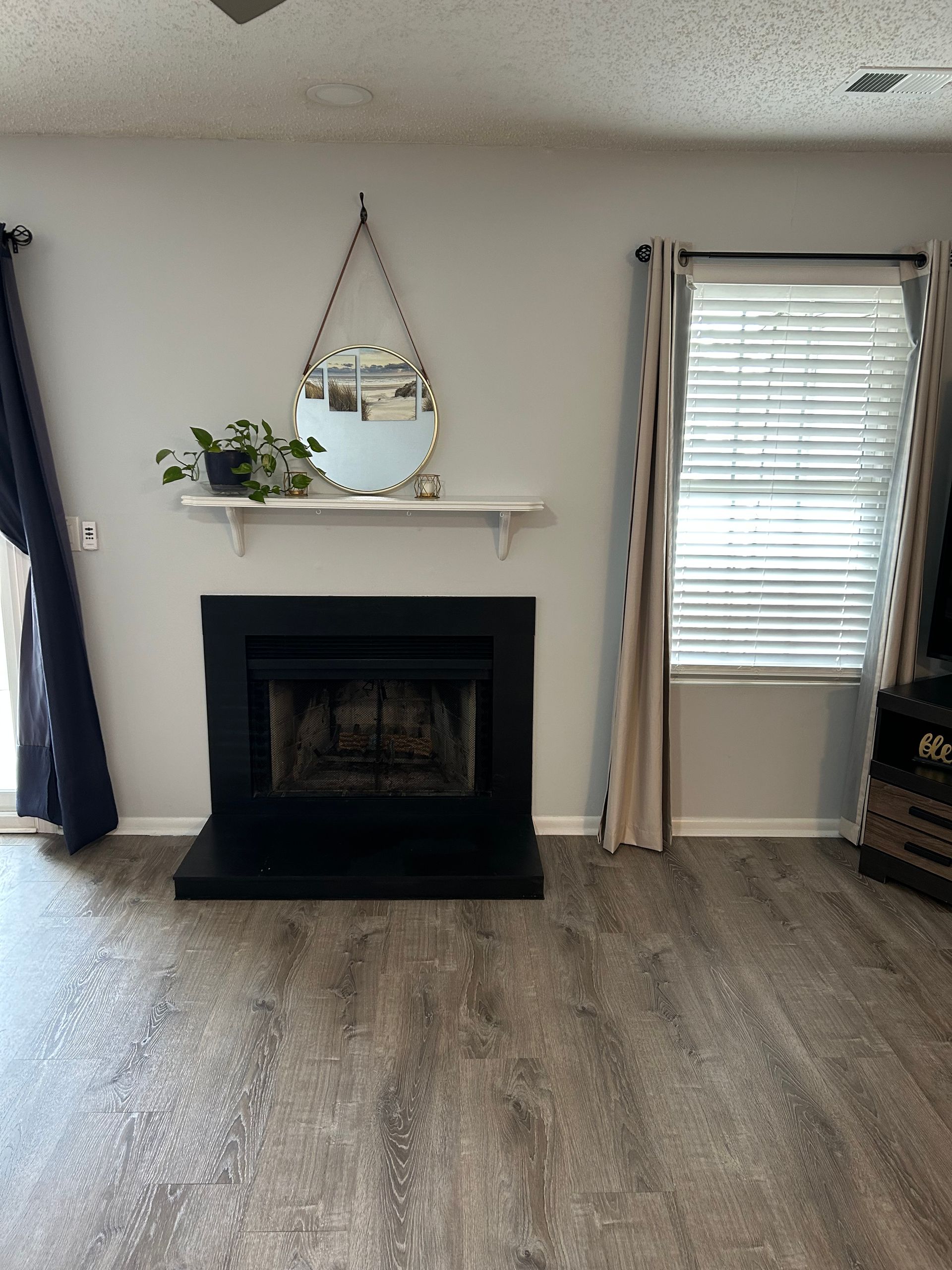 Living room with black fireplace, white shelf with plants and a mirror, window with blinds.