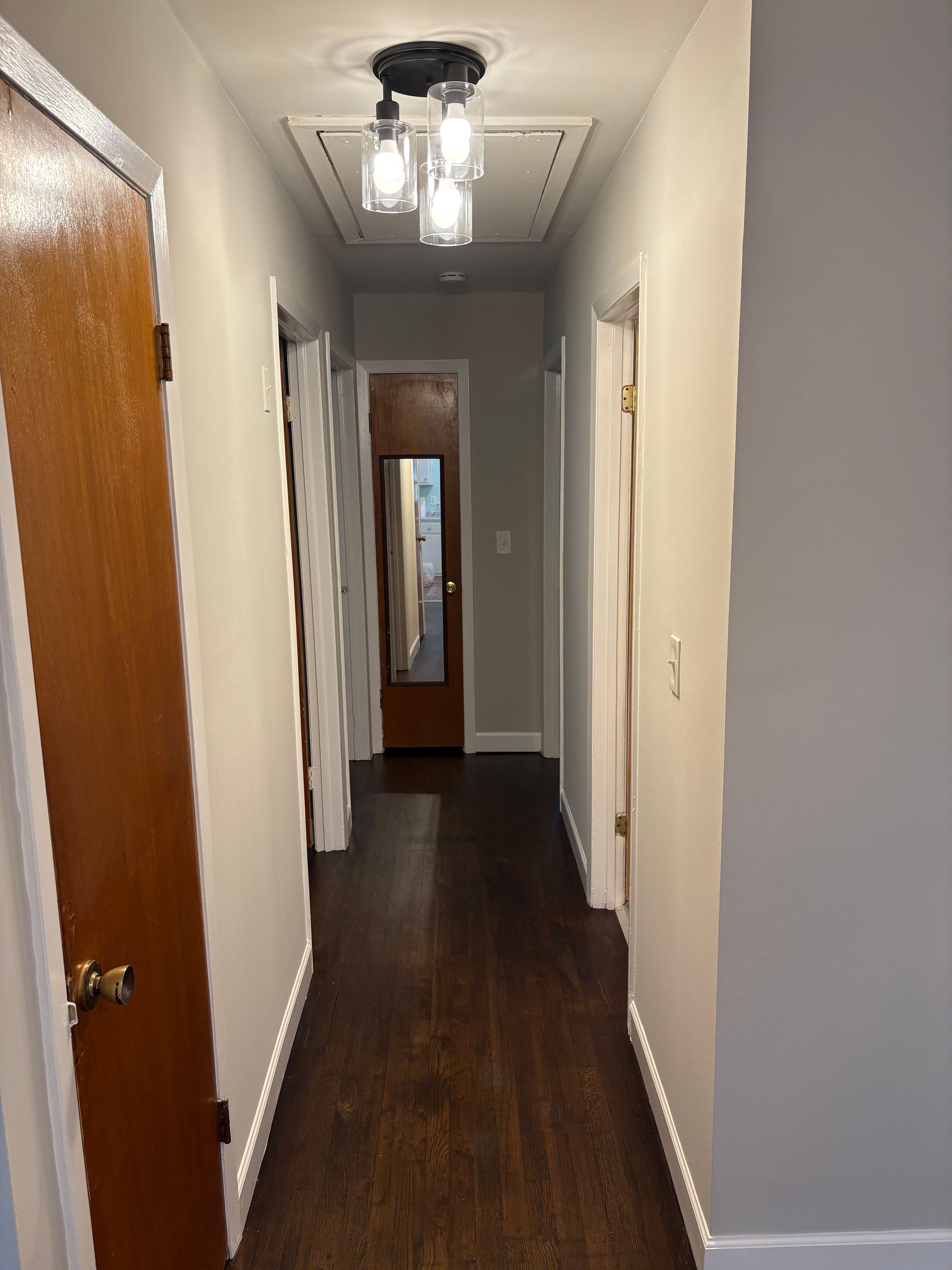 Hallway with dark wooden floor, gray walls, and several doorways.