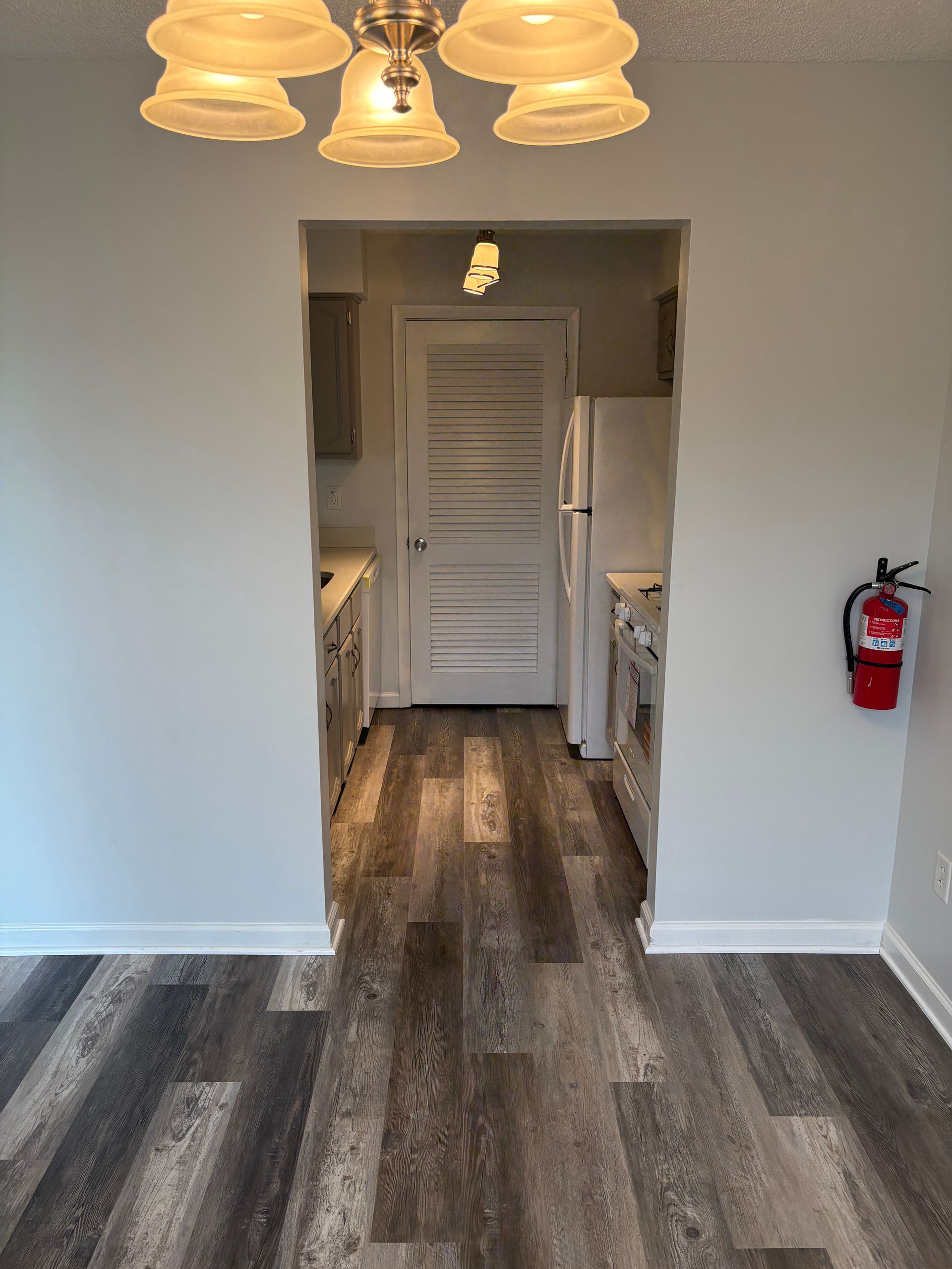 View through an archway into a kitchen with light grey walls, dark wood-look floor, and a fire extinguisher.