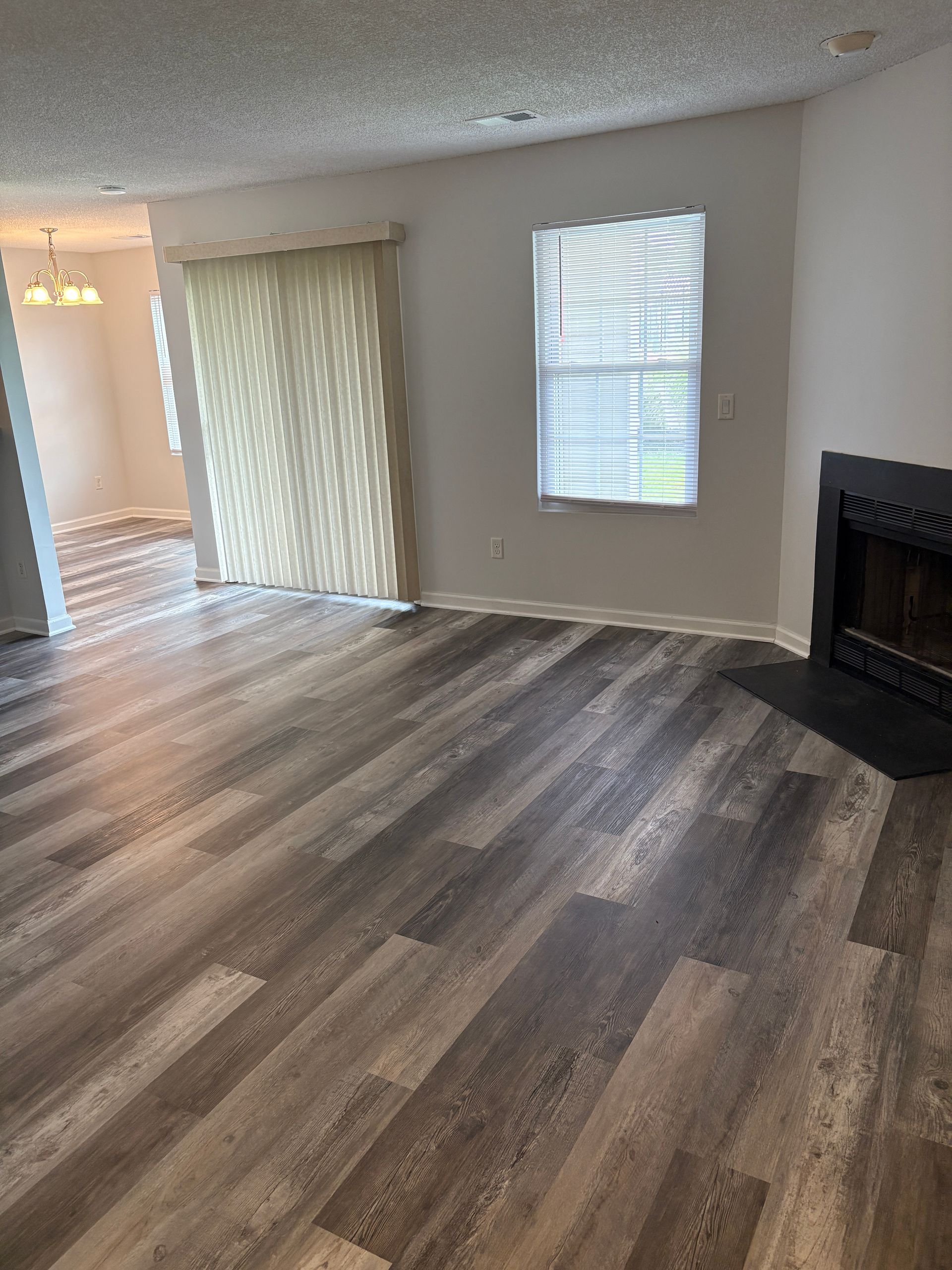 Living room with gray wood-look flooring, sliding glass door, fireplace, and window; white walls and ceiling.