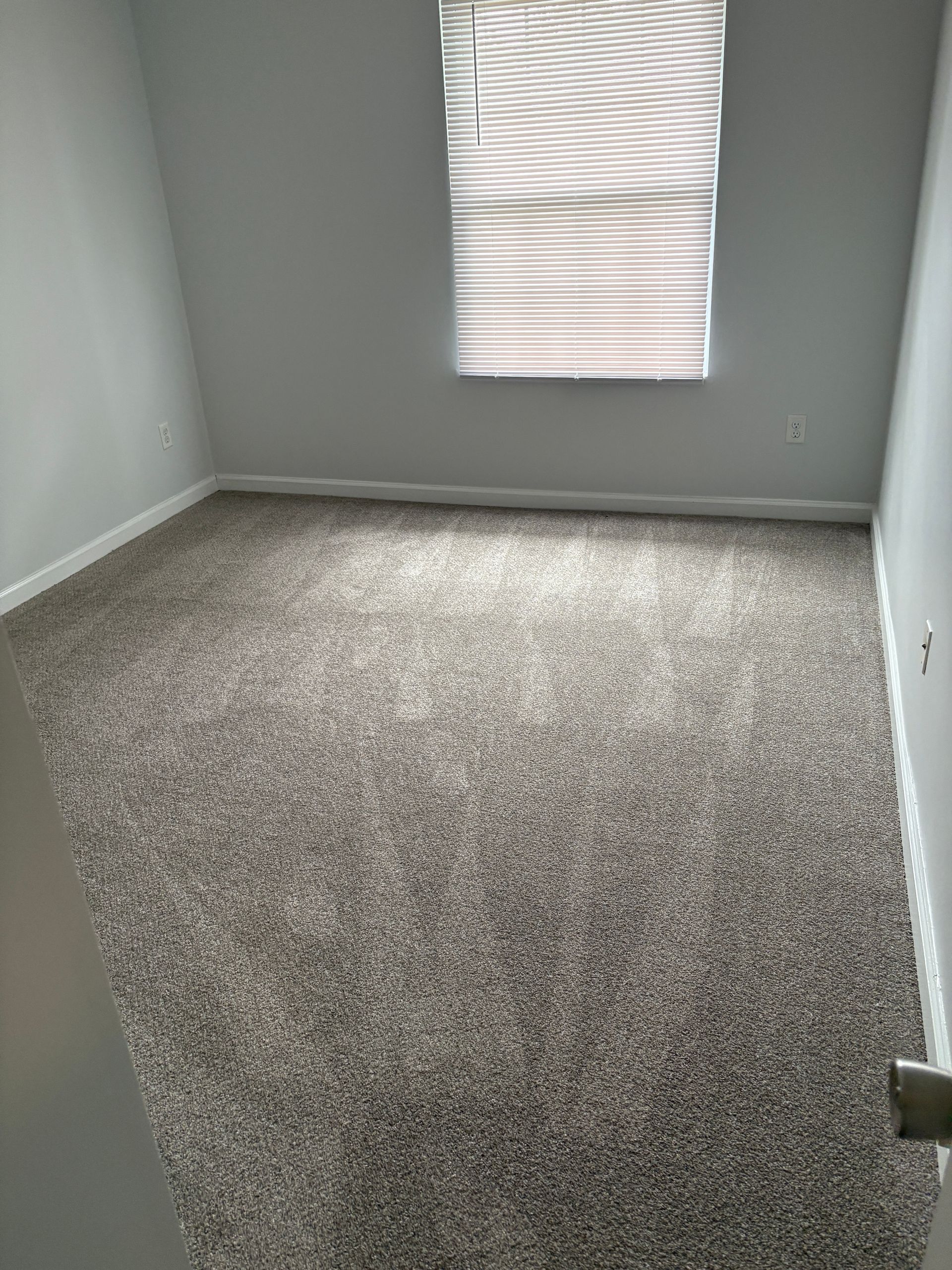 Empty room with gray walls and carpet, a window with blinds.