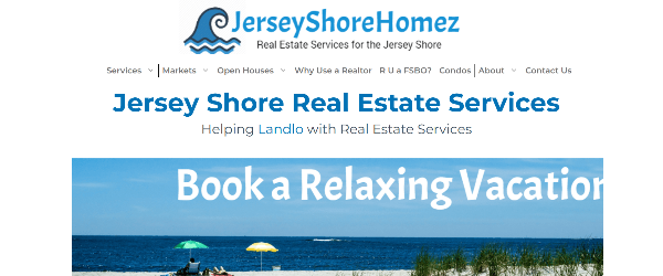 Jersey Shore Homez website promoting real estate services with a beach photo and text