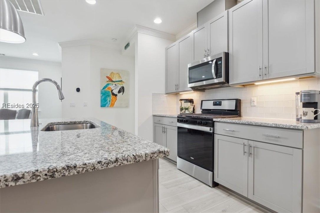 Gray kitchen with granite countertops, stainless steel appliances, and a colorful parrot artwork.