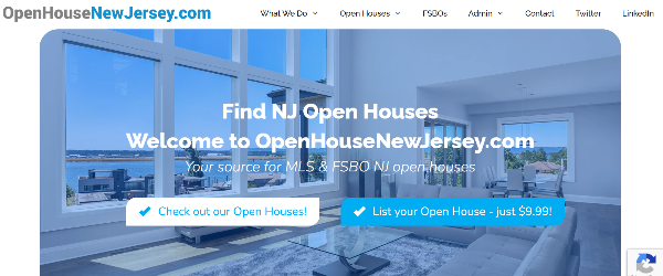 Open House New Jersey website home page, featuring interior of a home with a view of the ocean. Buttons to check open houses and list a home.