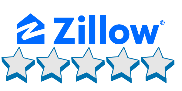 Zillow logo with a house icon, blue text, and five empty stars.