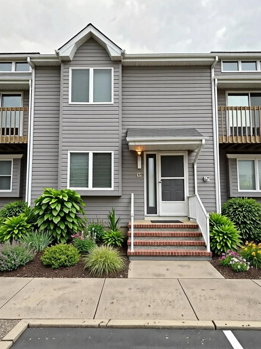 Gray townhome with front steps, door, and windows.