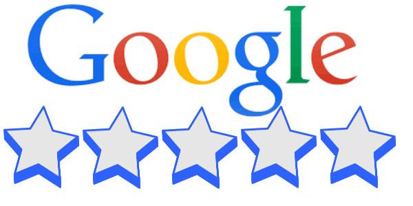 Google logo with five star rating.