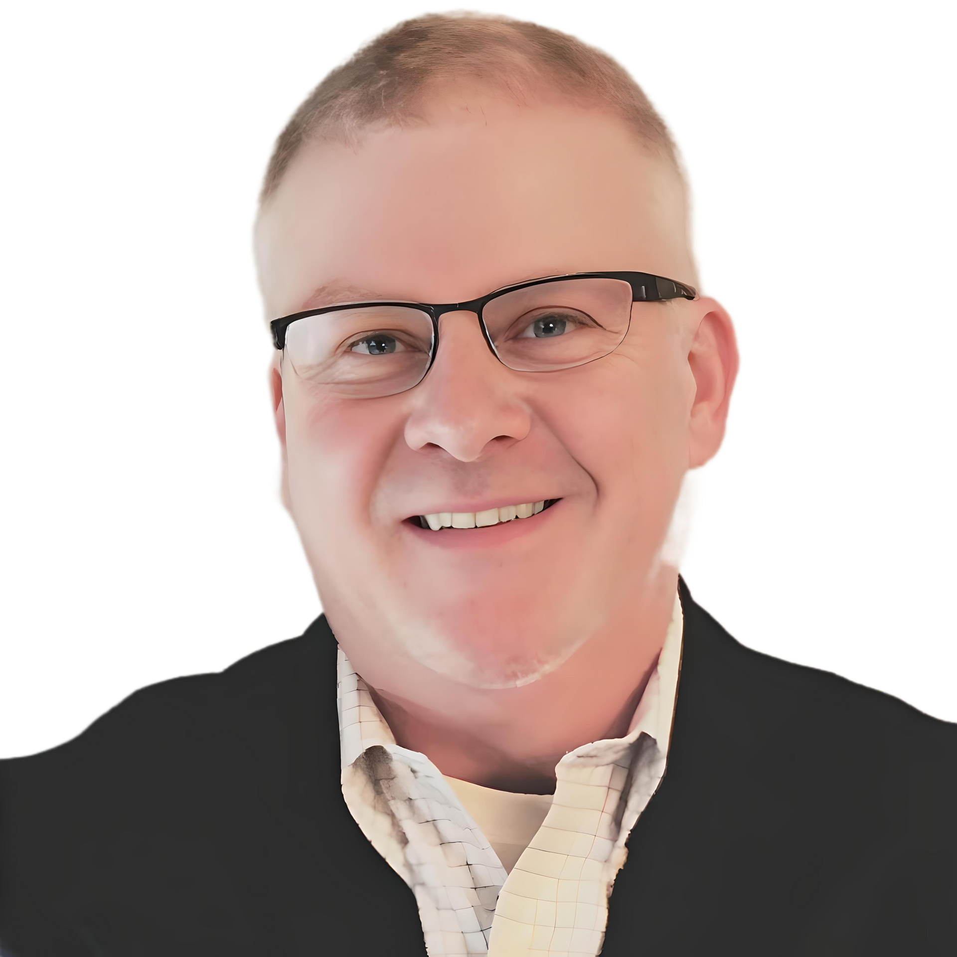 Man wearing glasses, blazer, and open-collar shirt smiles at the camera.