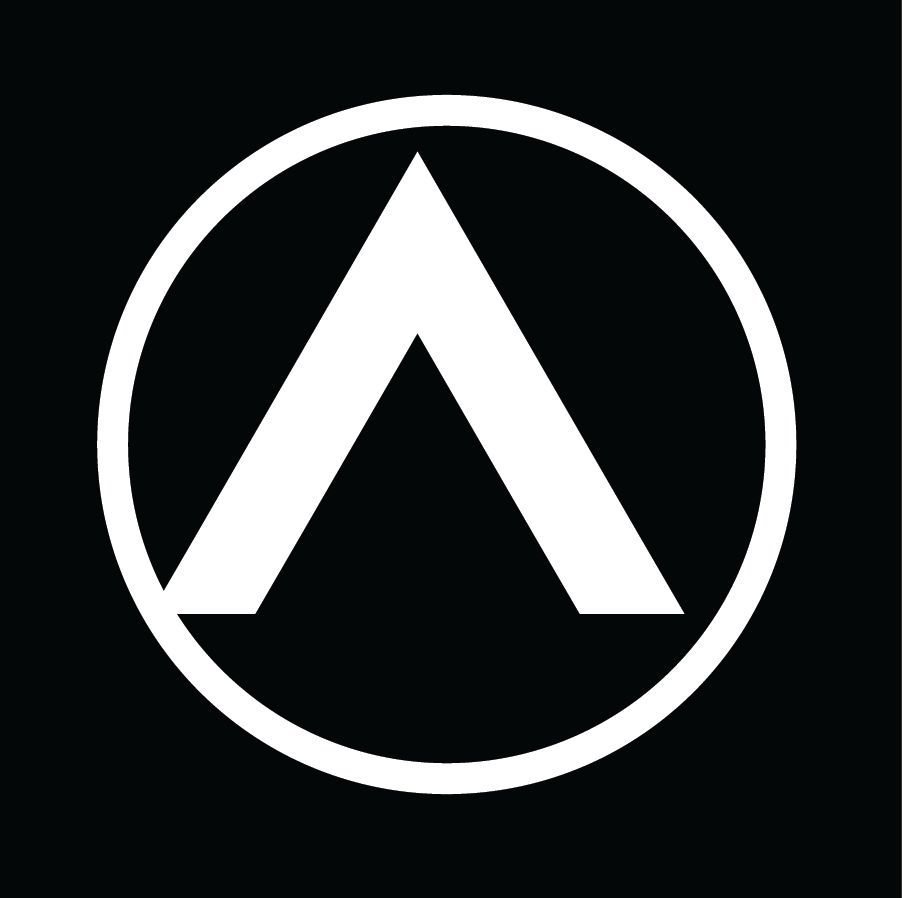 A white triangle in a circle on a black background.