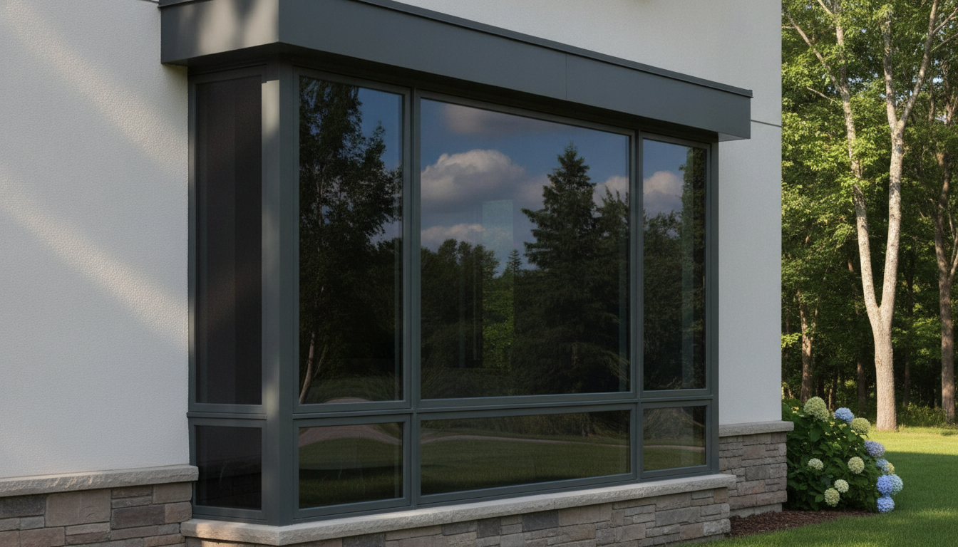 Modern house exterior with a large dark-framed glass sunroom window