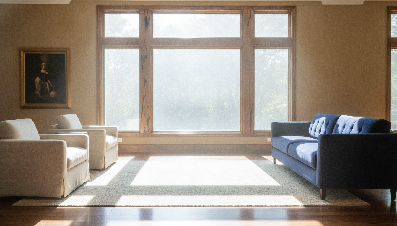Bright living room with large sunlit windows, a beige armchair, and a blue sofa on a rug.