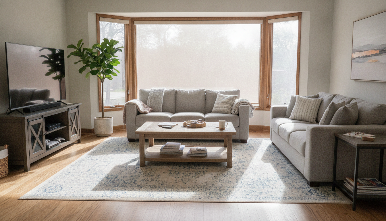 Bright living room with a large bay window, gray sofas, coffee table, TV, and a potted plant.