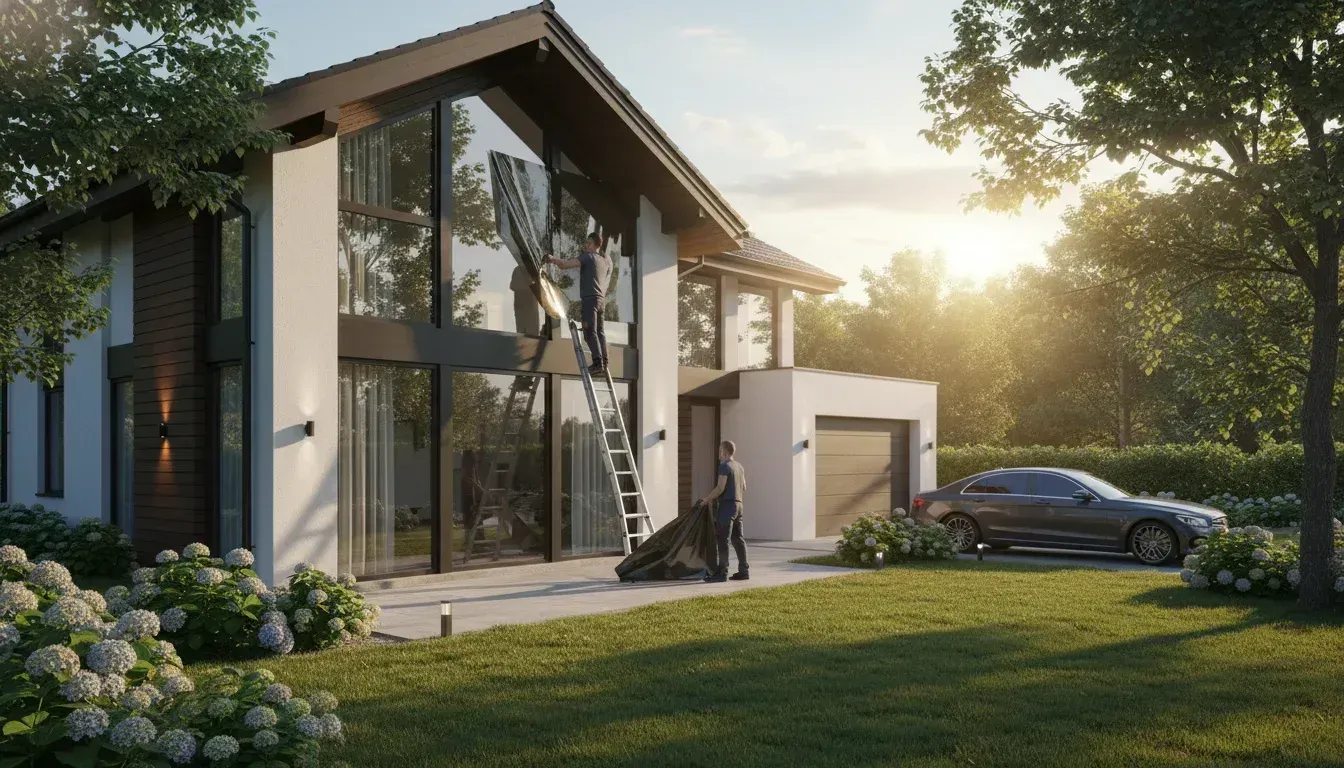 Modern glass house with driveway, parked car, and sunlit garden at sunset