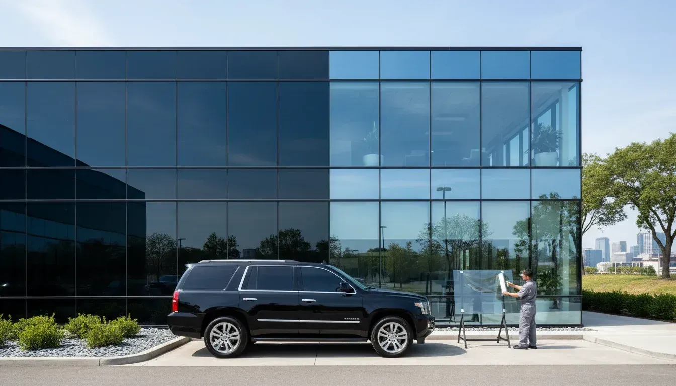 Black SUV parked outside a modern glass office building, with two people near the entrance.