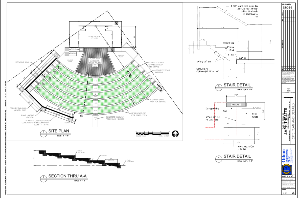 Architectural site plan with green seating layout, central stage area, and detailed elevation drawings.
