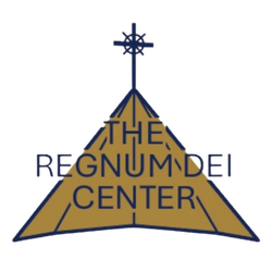 Logo for The Regnum Dei Center, with a gold pyramid and blue cross above the name.