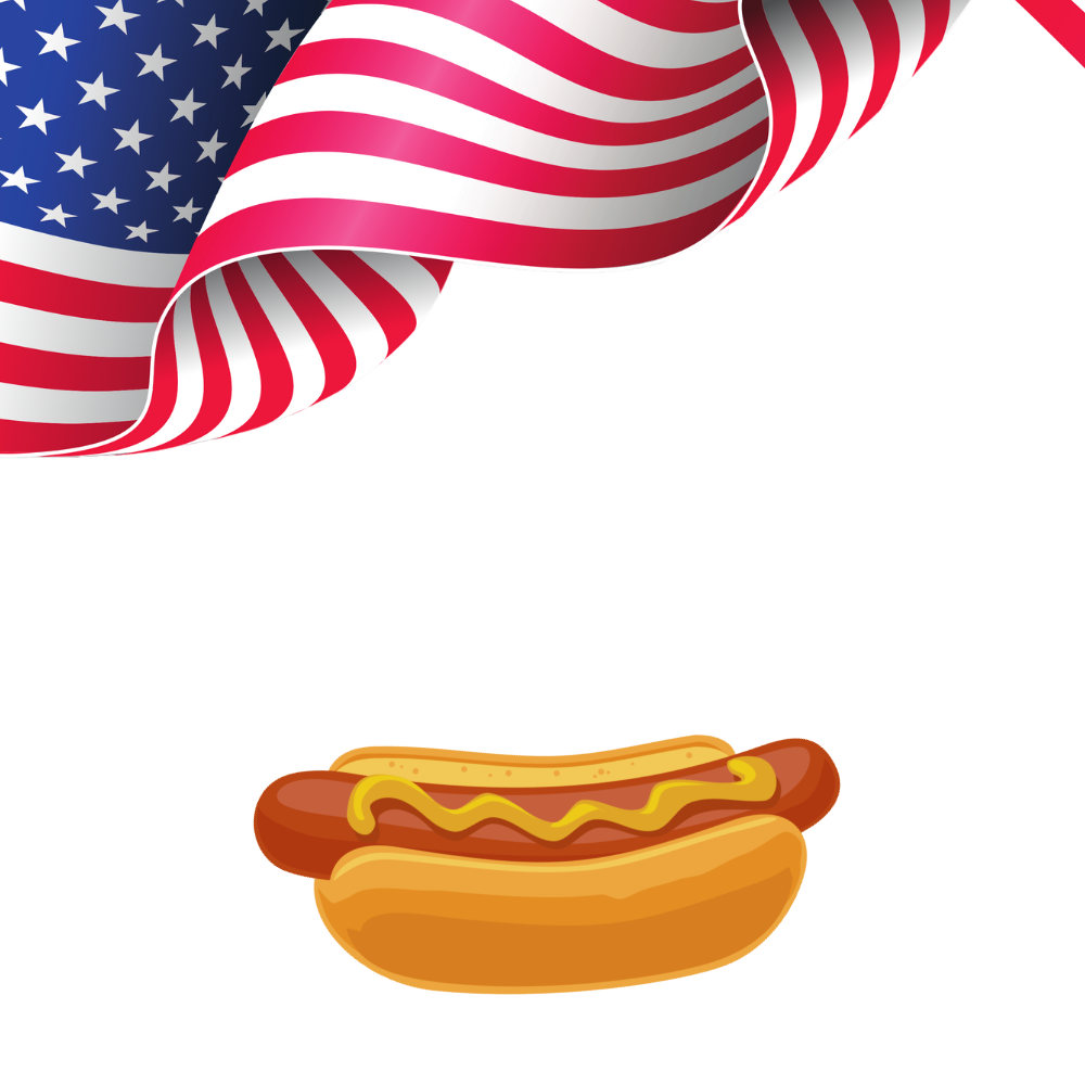 A hot dog with mustard and an american flag in the background