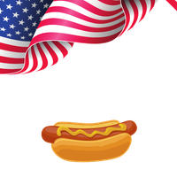 A hot dog with mustard and an american flag in the background
