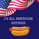 A hot dog with mustard and an american flag in the background