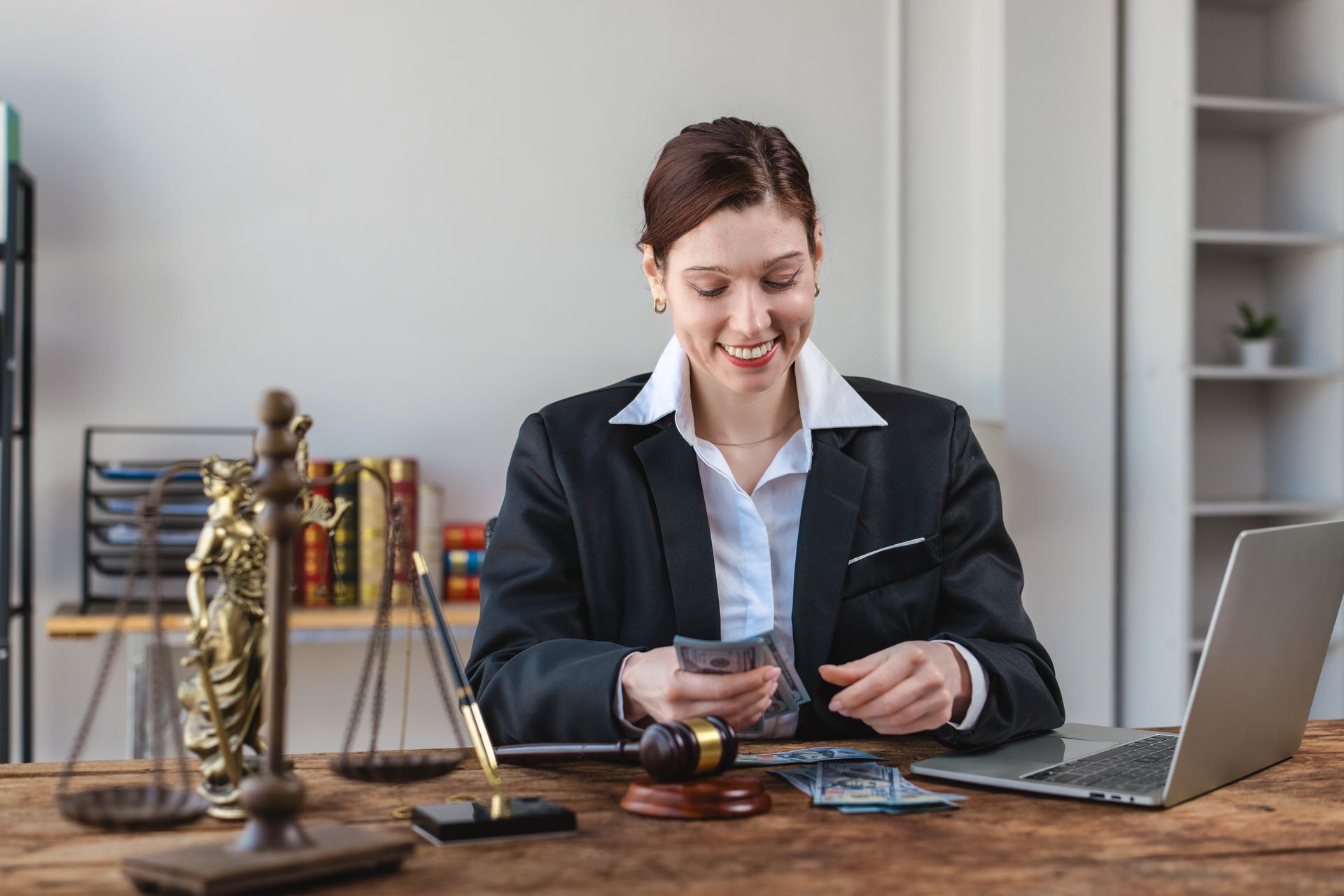 Female lawyer counting money from successful legal earnings. Female lawyer counting money from successful legal earnings.
