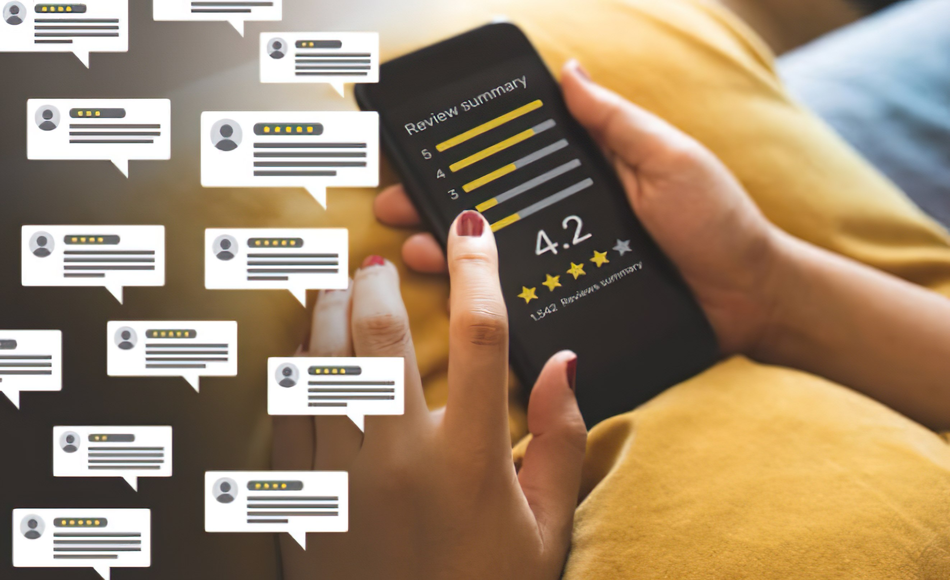 A person is holding a cell phone with a review summary on it.