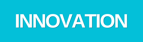 The word innovation is written in white on a blue background.
