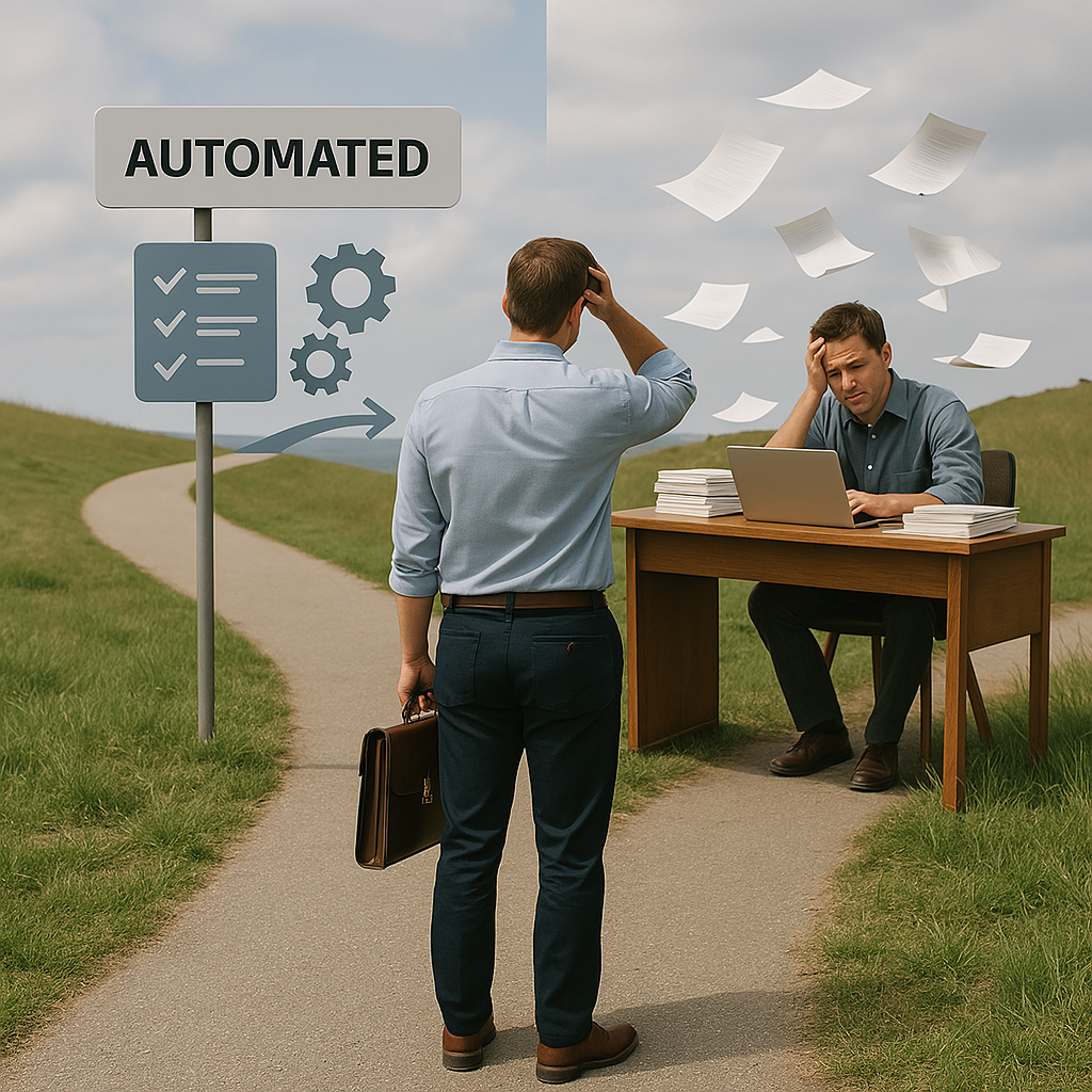 Two men are standing in front of a sign that says automated