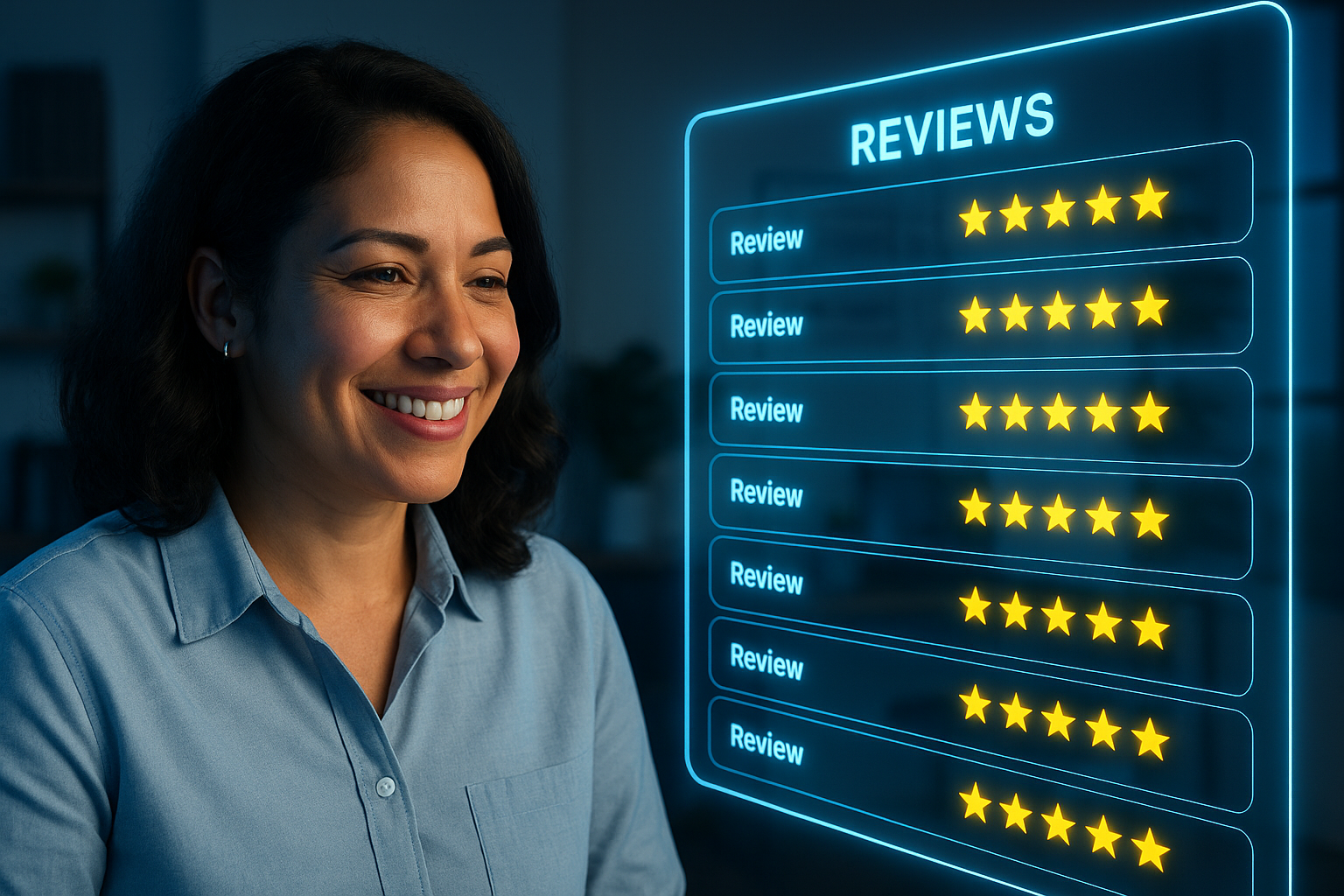 Business owner checking review dashboard glowing in neon blue with customer feedback