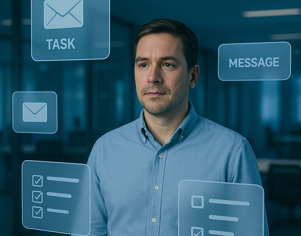 A man is standing in front of a screen that says task and message