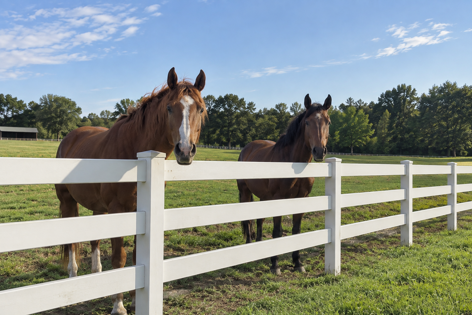 Two horses standing behind a white fence in a sunny green field