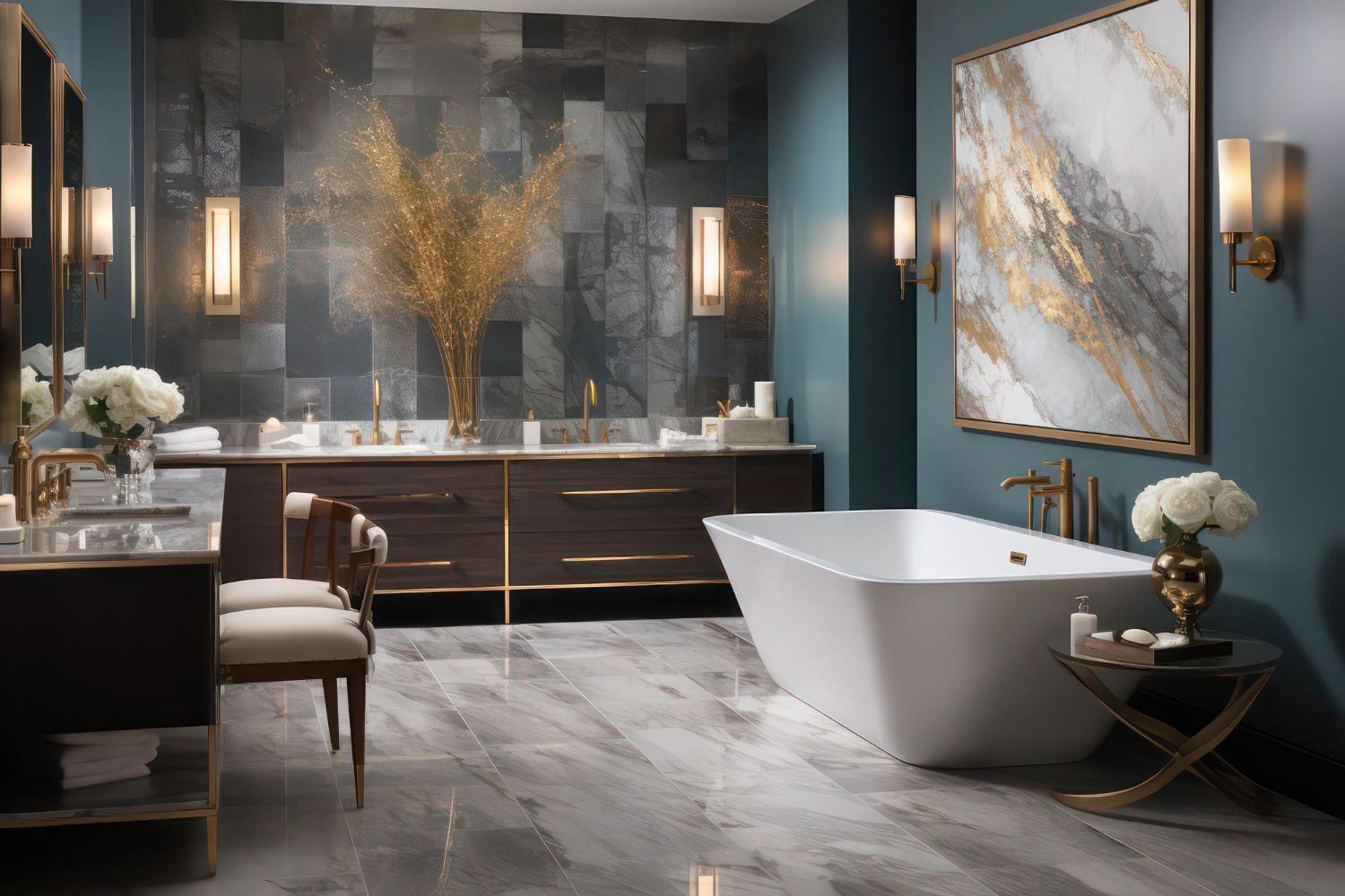 A bathroom with a bathtub , sink , mirror and painting on the wall.
