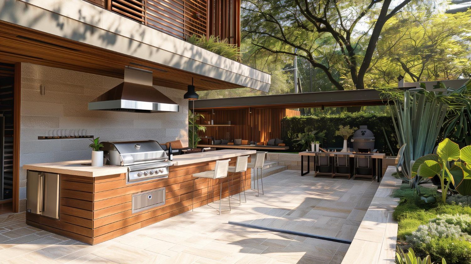 A large outdoor kitchen with a grill and stools in front of a house.