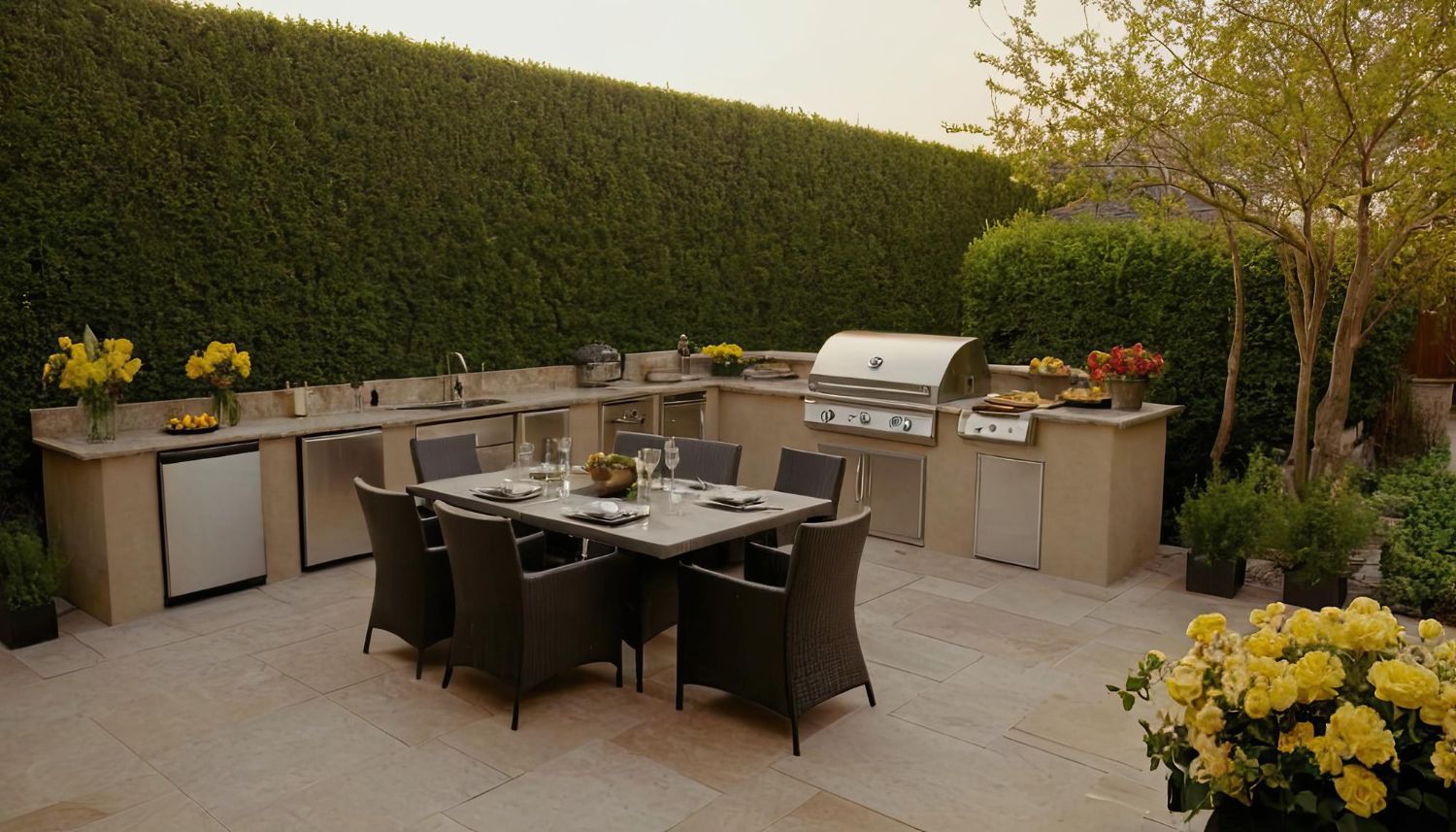 A patio with a table and chairs and a grill