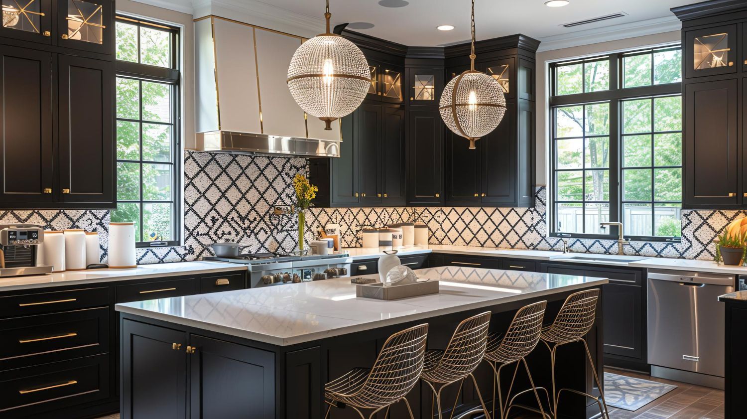 A kitchen with black cabinets , white counter tops , and a large island.