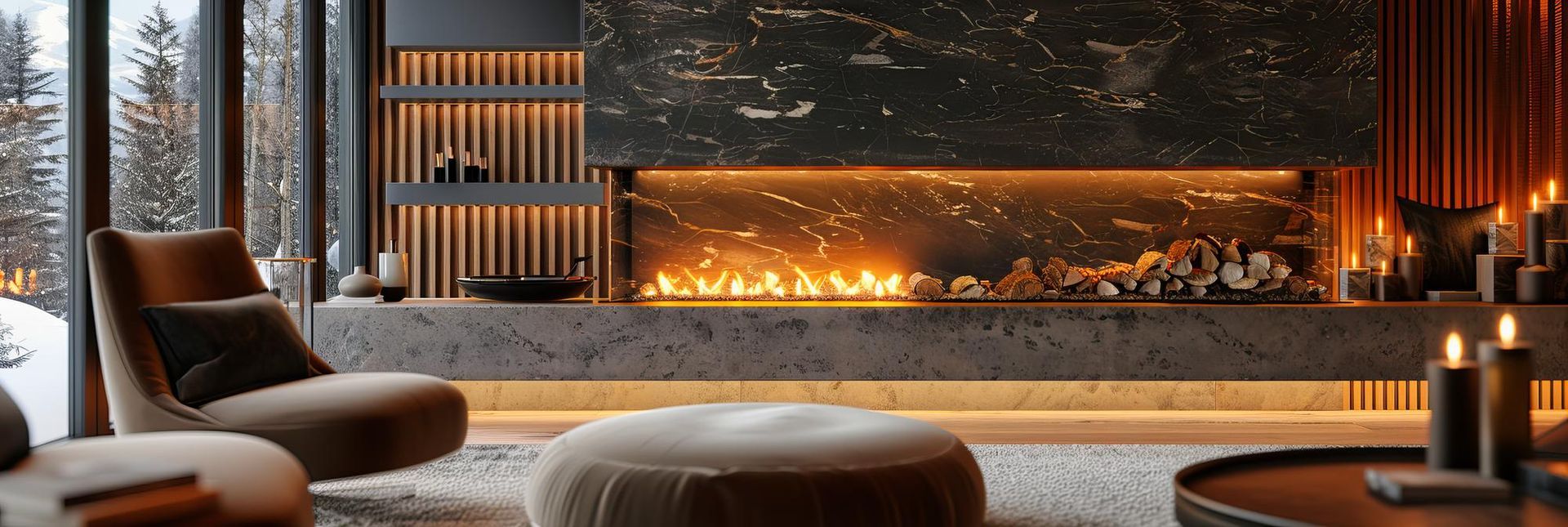 A living room with a fireplace , chairs , ottomans and candles.