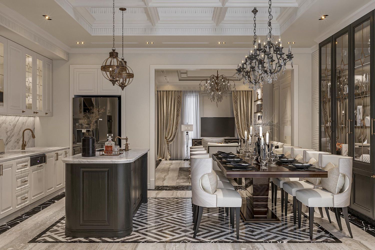 A kitchen and dining room with a large table and chairs.
