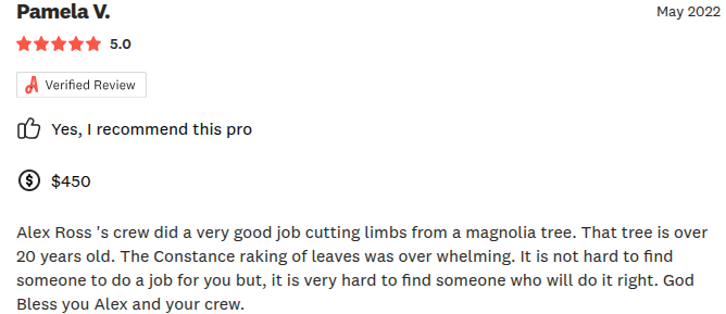 Review from Pamela V. about Alex Ross's crew: 5 stars, recommends the pro, paid $450 for tree work.