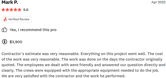 Review by Mark P. with 5-star rating, verified, recommends the pro, project cost $3,900.
