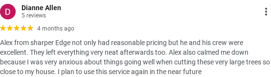 Review of a tree service, Alex from Sharper Ldge. Five-star rating; the reviewer mentions reasonable pricing and a neat cleanup.