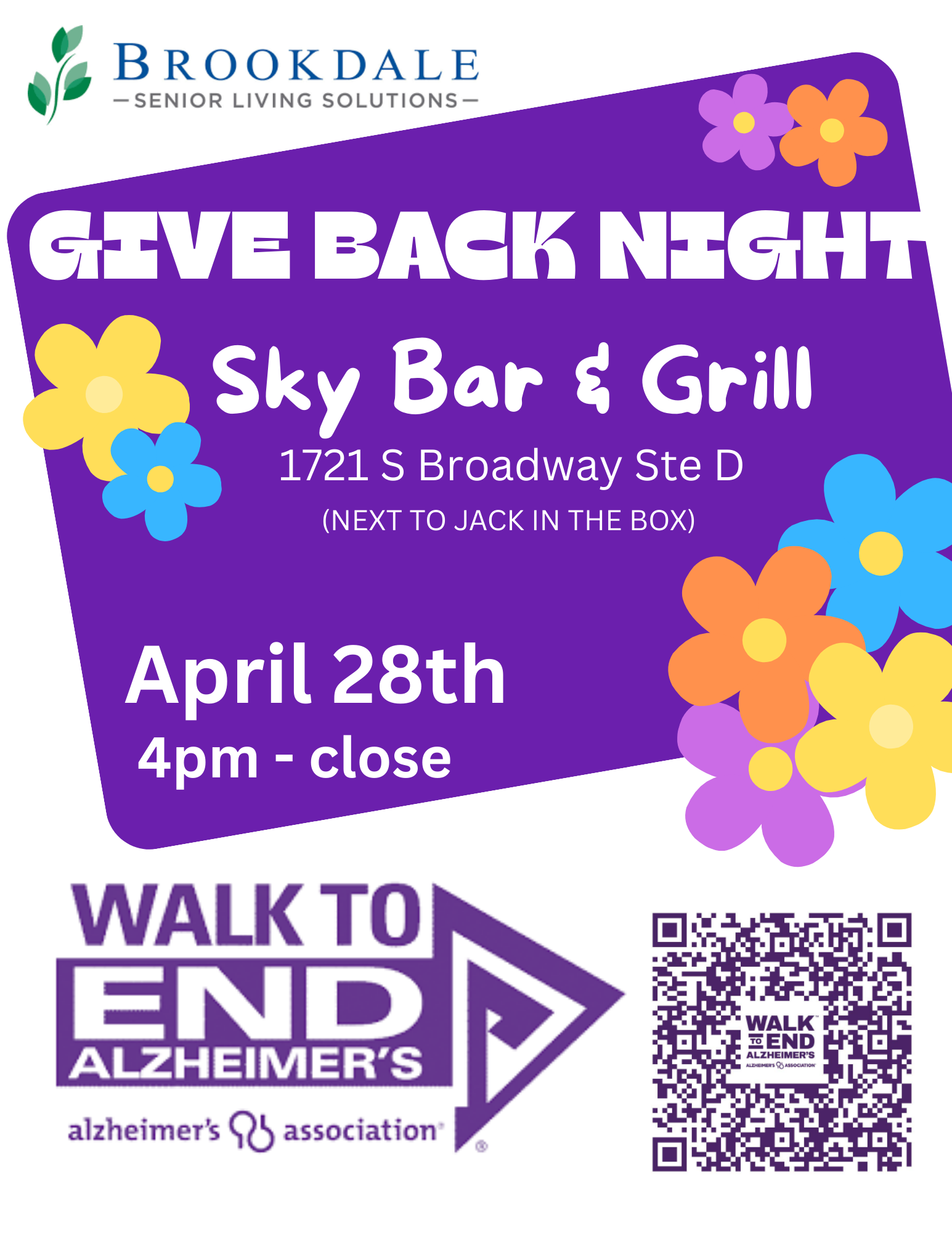 Brookdale Give Back Night at Sky Bar & Grill, April 28, 4pm-close, with Walk to End Alzheimer’s logo and QR code