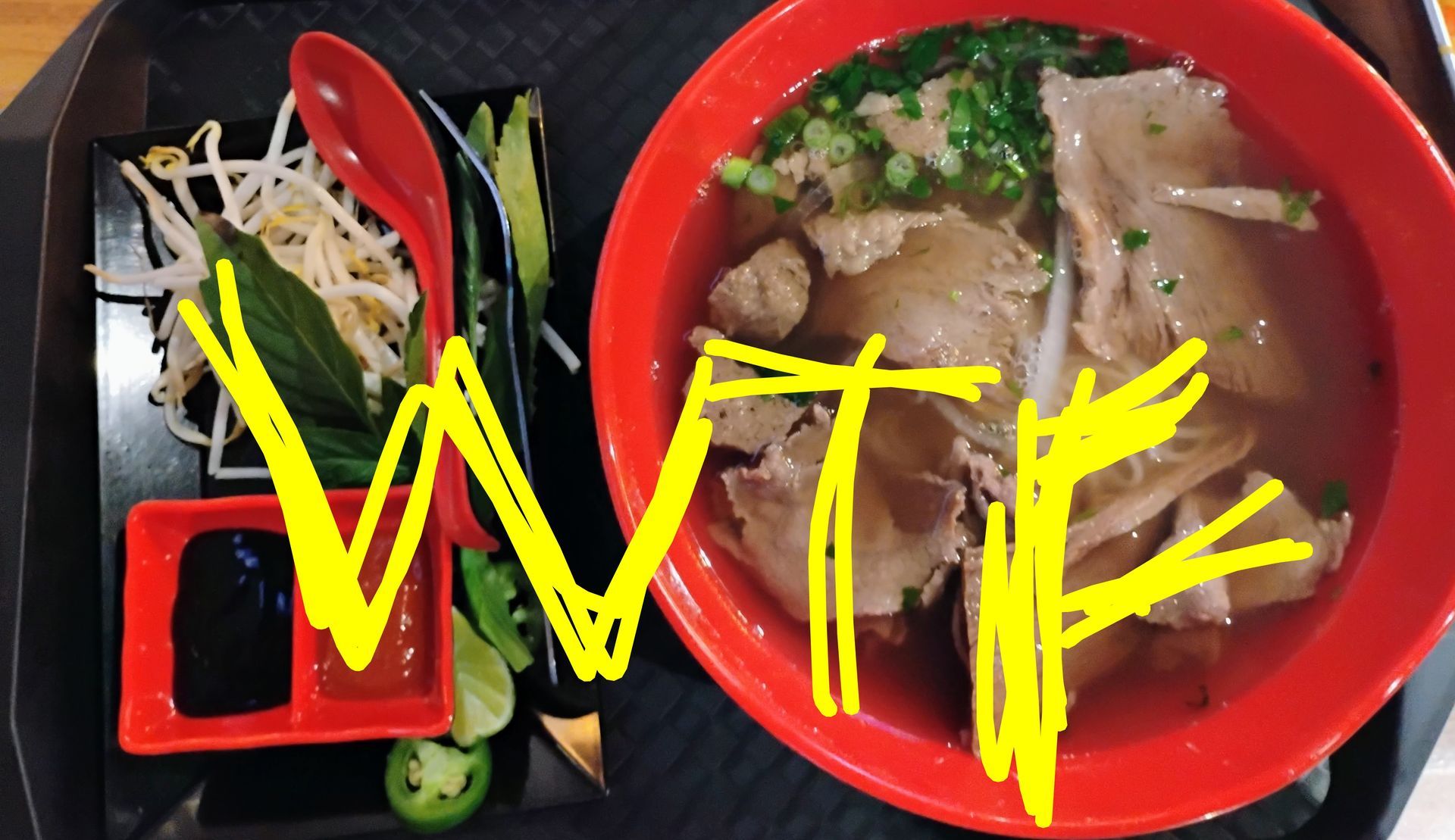 Two red bowls of noodles and soup on a tray, with yellow “WTF” scribbled across the center.