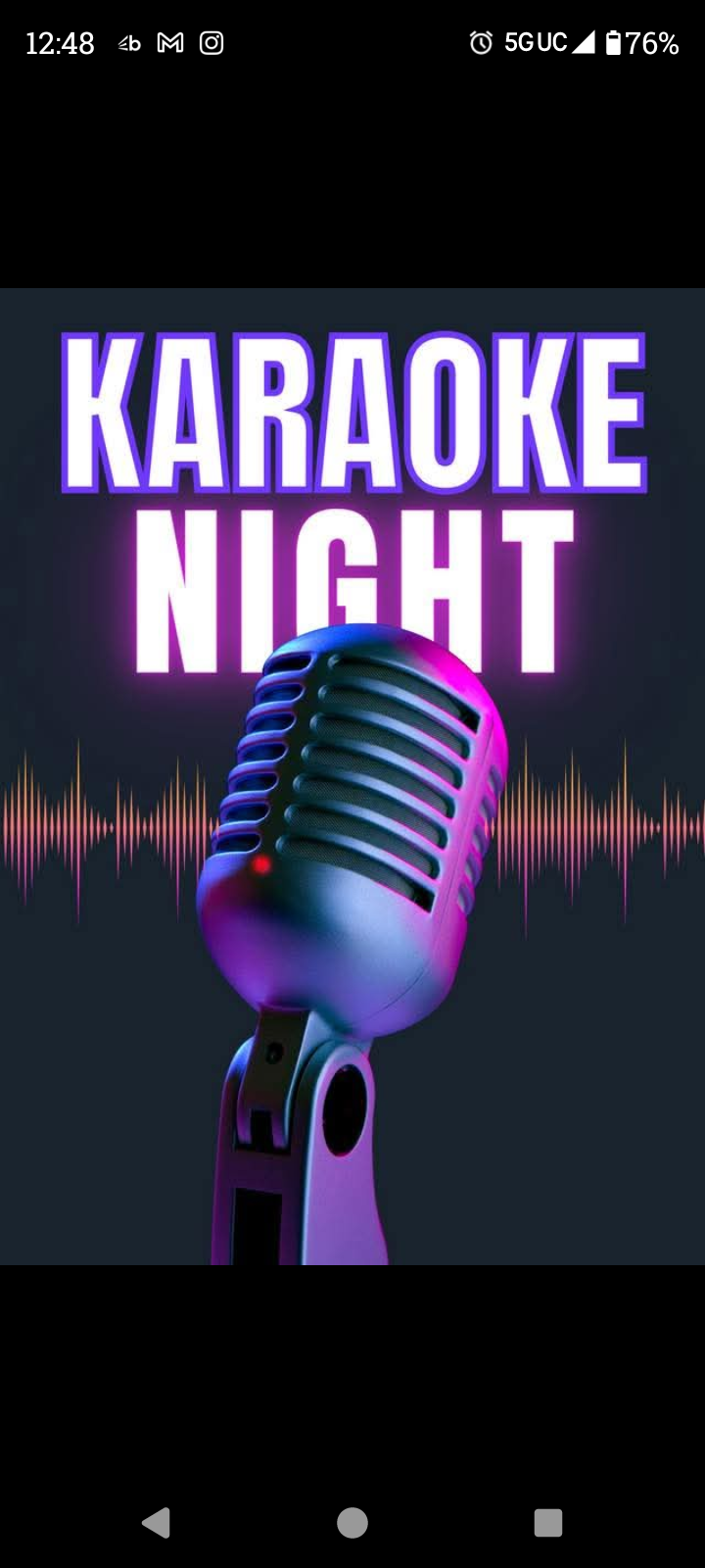 Karaoke Night poster with neon purple text and a glowing microphone on a dark background