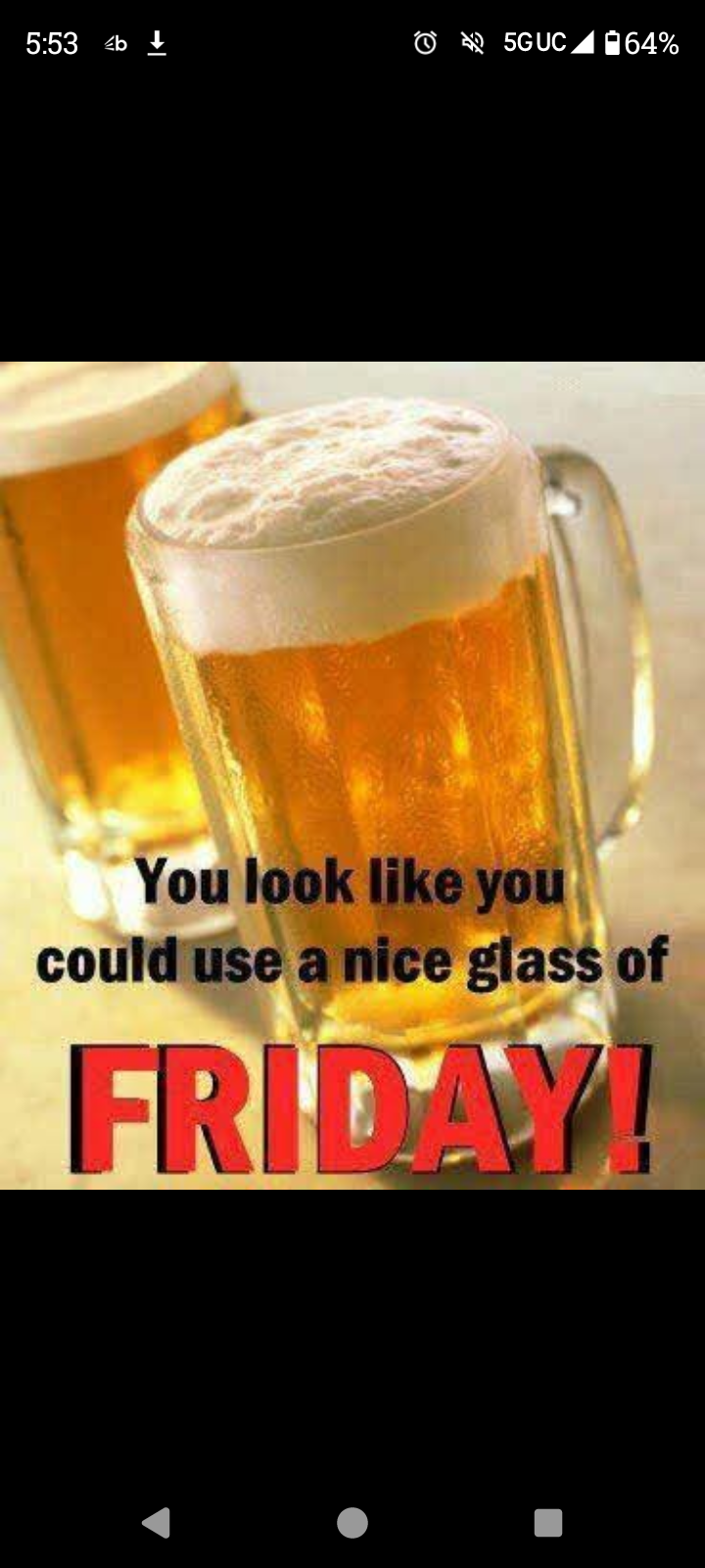 Beer mug with text: “You look like you could use a nice glass of FRIDAY!”