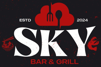 Black and red Sky Bar & Grill logo with cloud, fork, and spoon; “ESTD 2024” text